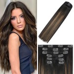WindTouch Clip in Hair Extensions Human Hair Balayage Dark Brown to Chestnut Brown Highlights for Brown Hair 15Inch 75g 2T6P2 7PCS Gift for Women