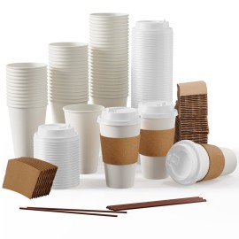 JOLLY PARTY [100 Pack] 16 oz Paper Coffee Cups, Disposable Paper Coffee Cup with Lids, Sleeves, and Stirrers, Hot/Cold Beverage Drinking Cup for Water, Juice or Tea, Suitable for Home,Shops and Cafes