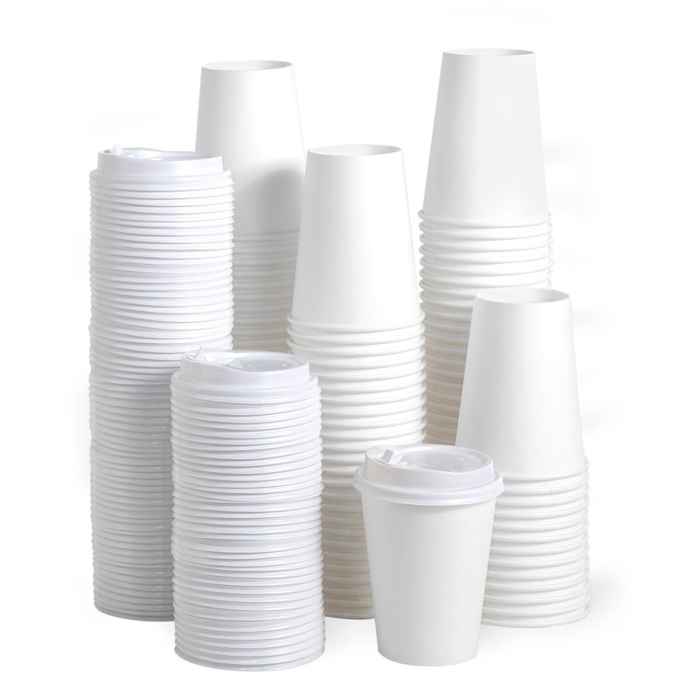 JOLLY PARTY [100 Pack] 12 oz Paper Coffee Cups, Disposable Paper Coffee Cup with Lids, Hot/Cold Beverage Drinking Cup for Water, Juice or Tea, Suitable for Home, Shops and Cafes