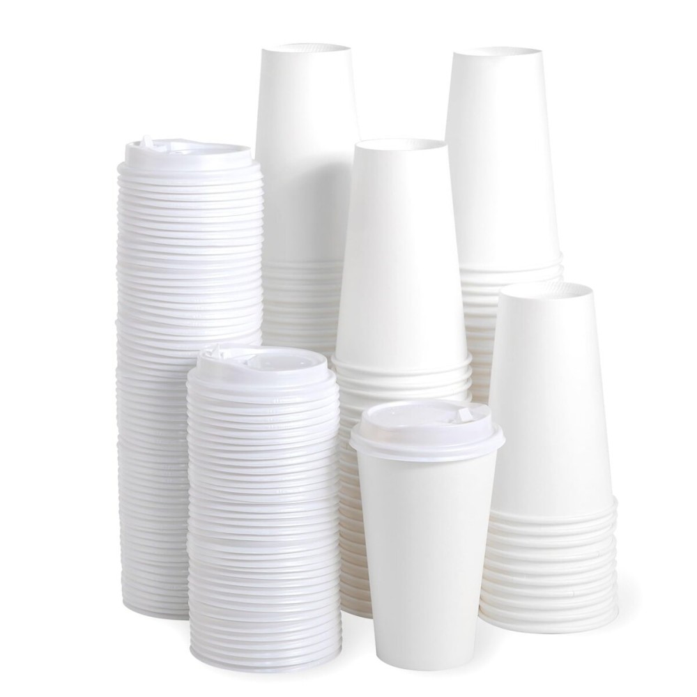 JOLLY PARTY [100 Pack] 16 oz Paper Coffee Cups, Disposable Paper Cup with Lids, Hot/Cold Beverage Drinking Cup for Water, Juice, Coffee or Tea, Suitable for Home, Shops and Cafes