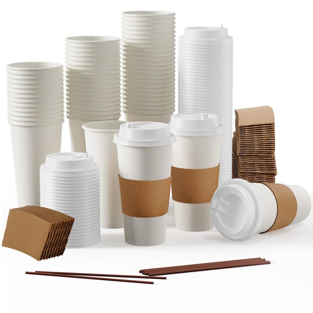 JOLLY PARTY [50 Pack] 20 oz Paper Coffee Cups, Disposable Paper Coffee Cup with Lids, Sleeves, and Stirrers, Hot/Cold Beverage Drinking Cup for Water, Juice or Tea, Suitable for Home, Shops and Cafes