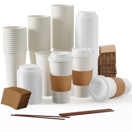 JOLLY PARTY [50 Pack] 20 oz Paper Coffee Cups, Disposable Paper Coffee Cup with Lids, Sleeves, and Stirrers, Hot/Cold Beverage Drinking Cup for Water, Juice or Tea, Suitable for Home, Shops and Cafes