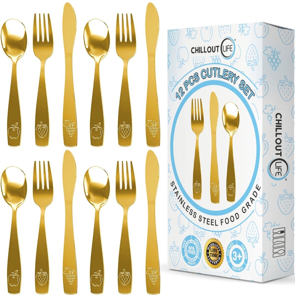 12 Piece Stainless Steel Kids Silverware Set - Child and Toddler Safe Flatware - Kids Utensil Set - Metal Kids Cutlery Set Includes 4 Small Kids Spoons, 4 Forks & 4 Knives - Gold