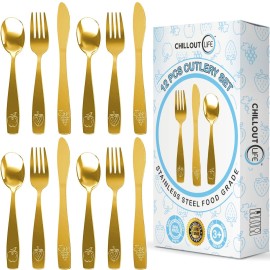12 Piece Stainless Steel Kids Silverware Set - Child and Toddler Safe Flatware - Kids Utensil Set - Metal Kids Cutlery Set Includes 4 Small Kids Spoons, 4 Forks & 4 Knives - Gold