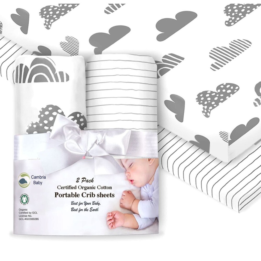 100% Organic Cotton Fitted Travel Crib/Playard Sheets for Guava Lotus, Dream on Me, Baby Joy and All 24 x 42 Pads/mattresses. Safety Strap Holes in Corners. 2 Pk, Clouds and Stripes