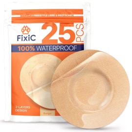 Fixic Freestyle Adhesive Patch 25 PCS - Good for Libre 1, 2, 3 & Plus - Enlite - Guardian - NO Glue in The Center of The Patch - Pre-Cut Back Paper - Long Fixation for Your Sensor! (2-Layers Tan)