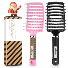 Hair Brush Set, Curved Vented Detangling Hair Brushes for Women Men Kids, Professional Vent Styling Brush for Wet Dry Curly Thick Straight Hair Fast Blow Drying Brush (Pink+ Black)