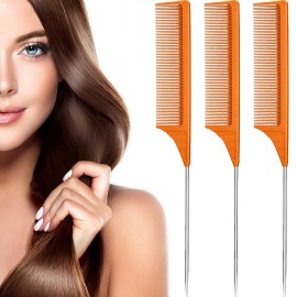 Leinuosen 3 Packs Rat Tail Comb Steel Pin Rat Tail Carbon Fiber Heat Resistant Teasing Combs with Stainless Steel Pintail (Orange)