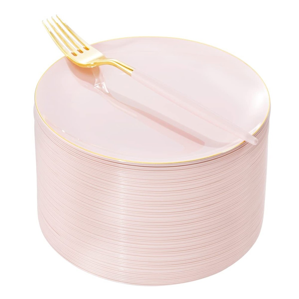 I00000 72PCS Pink Plastic Dessert Plates with Disposable Forks, Premium Pink Cake Plates, Fancy Apetizer Plate with Gold Rims Perfect for Party