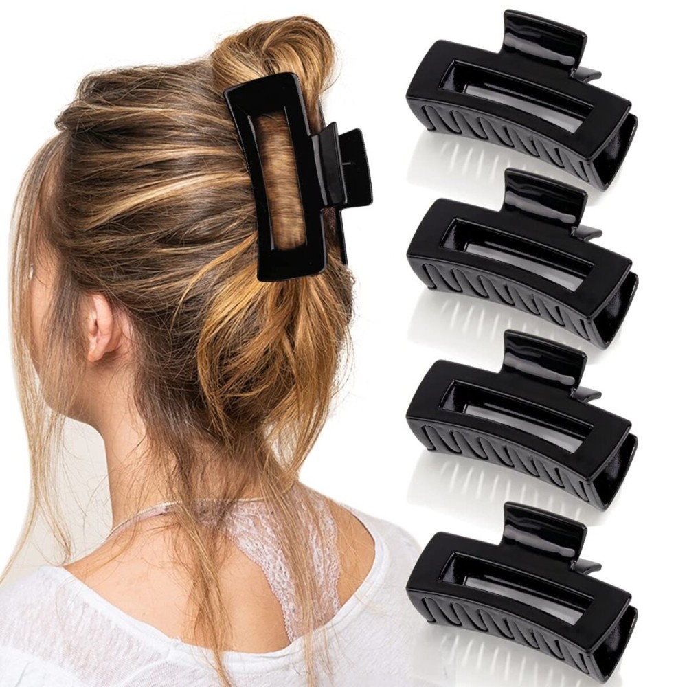 Canitor 4 PCS 4.1 Inch Black Hair Clips - Acrylic Rectangular Women\'s Barrettes, Jaw Clips for Thick and Thin Hair, Non-slip