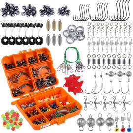PLUSINNO Fishing Accessories Kit, 212pcs Bass/Trout Fishing Tackle Kit with Tackle Box Including Fishing Hooks, Swivel Snap, Weights Sinkers, Saltwater Freshwater Fishing Gear Equipment Stuff