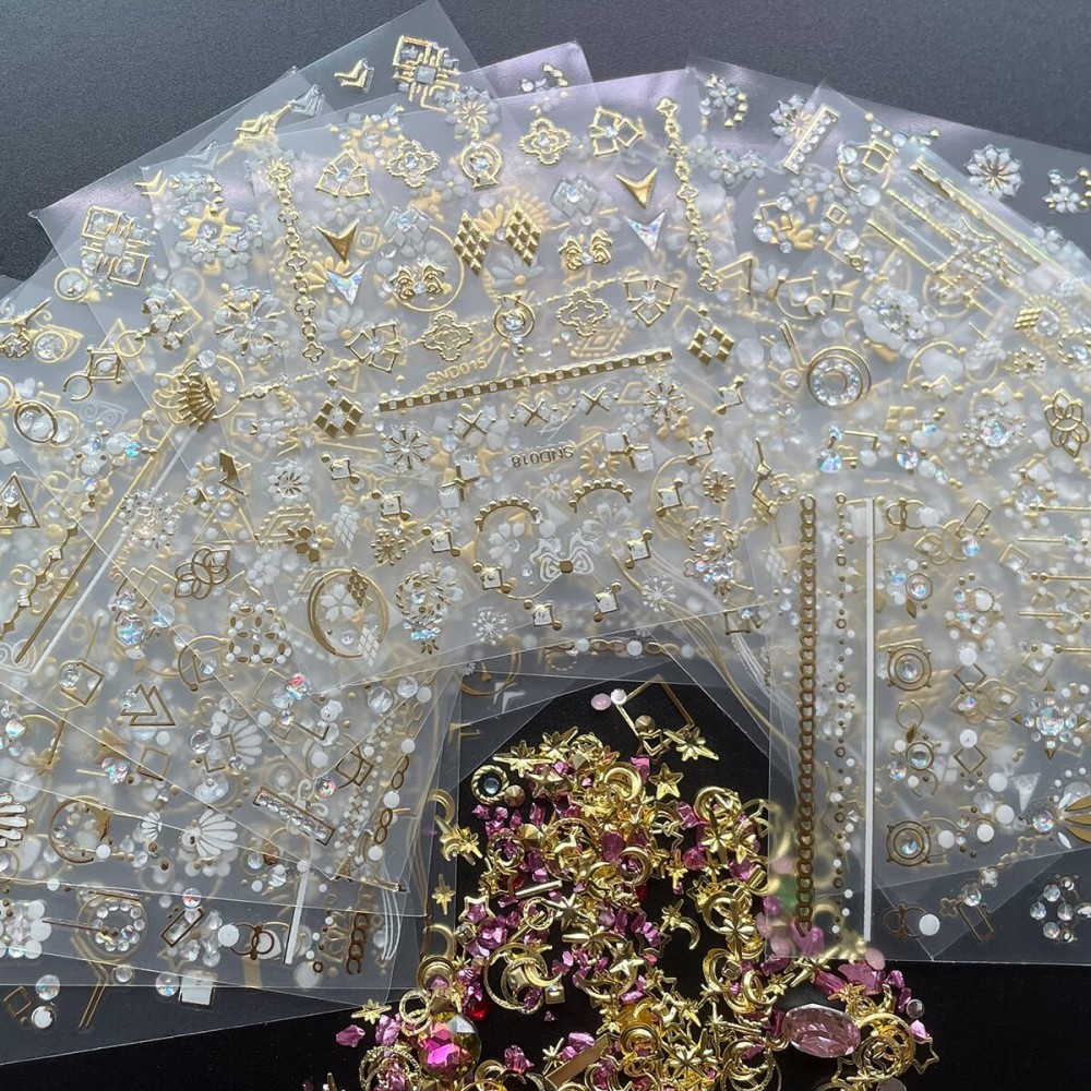 Zoance 20 Sheet 3D Nail Art Stickers,Gold/Diamond Design Luxury Embossed Self-Adhesive Nail Decals Customized Metallic Flower Nail Stickers for Women Girls Salon Home DIY Nail, Tweezers Included