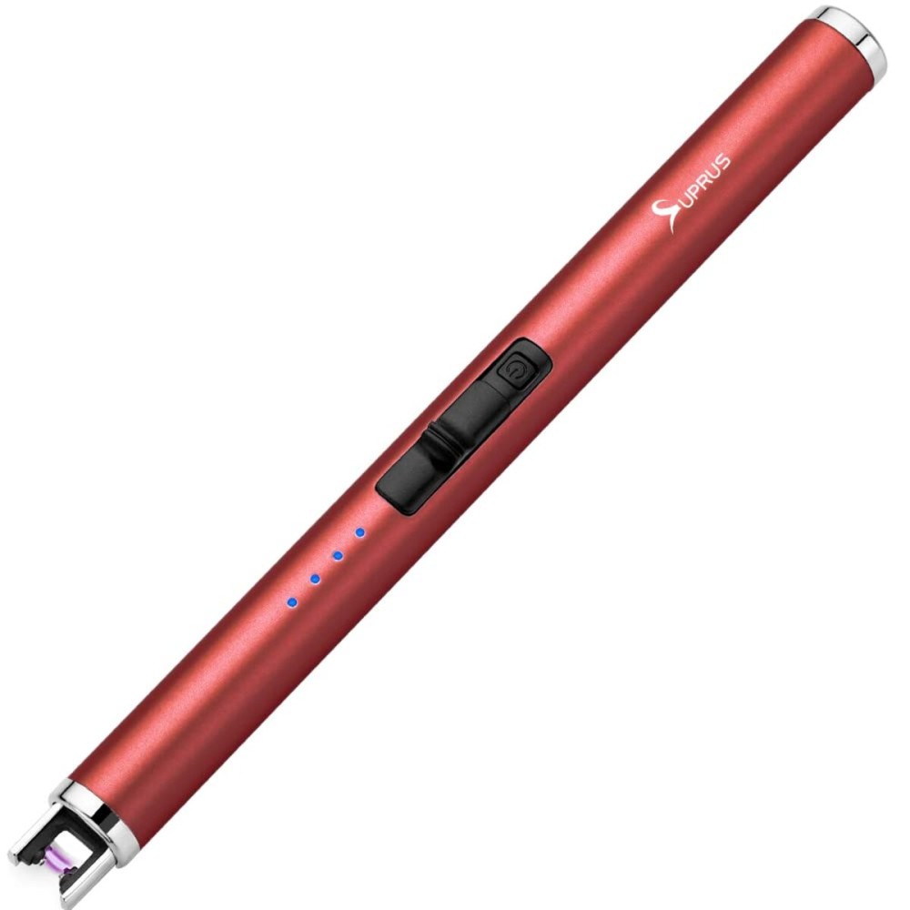 SUPRUS Electric Lighter Candle Type C Rechargeable Lighter with Upgraded LED Battery Display Safety Switch Flameless Plasma Windproof for Candle Cooking BBQs Fireworks (Red)