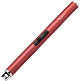 SUPRUS Electric Lighter Candle Type C Rechargeable Lighter with Upgraded LED Battery Display Safety Switch Flameless Plasma Windproof for Candle Cooking BBQs Fireworks (Red)
