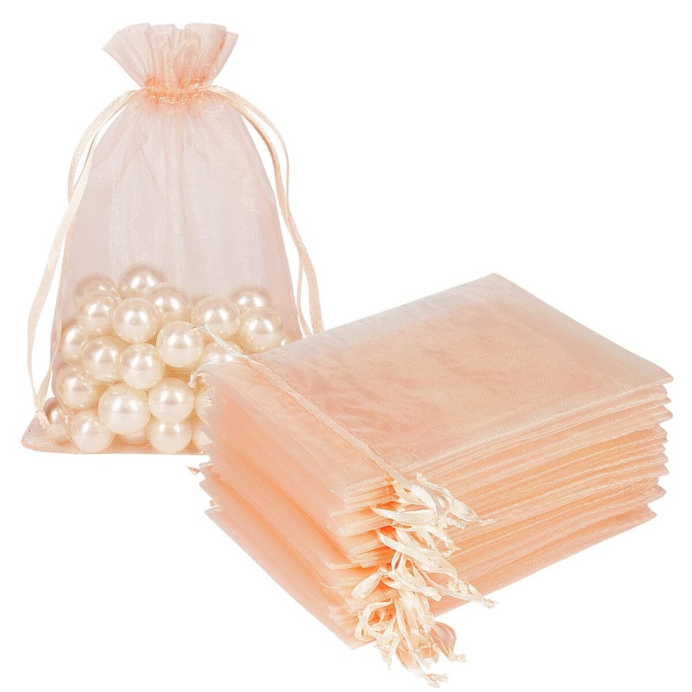 HRX Package 100pcs Blush Peach Organza Bags, 4 x 6 inch Mesh Jewelry Drawstring Bag Small Gift Pouches for Wedding Candy Party Favor