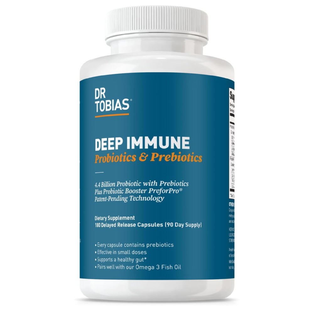 Dr. Tobias Deep Immune Probiotics & Prebiotics, Dual Action Digestion & Immune Support with PreforPro Prebiotics & Delayed Release Spore Forming Probiotics for Women & Men, 180 Capsules, 90 Servings