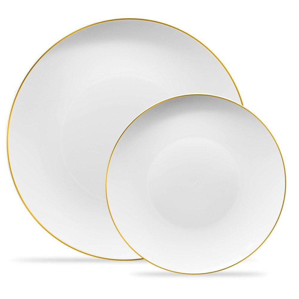 PLASTICPRO White Plastic Design Party Plates Premium heavyweight Elegant Disposable Tableware Dishes (128, White Organic with Gold Rim)