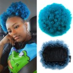 Yinmei Baibian Ombre Blue Afro Puff Drawstring Ponytail Short Ponytail High Puff Bun Hair Piece Kinky Curly Clip in on Updo Hair Extensions for Black Women(1B/Blue)
