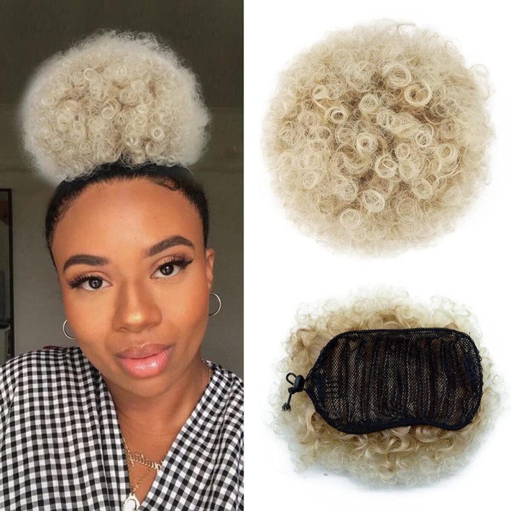 Yinmei Baibian Brown Blonde Afro Puff Drawstring Ponytail Kinky Curly High Puff Ponytail Bun Hair Piece Short Clip in on Updo Hair Extensions for Black Women(27/613)