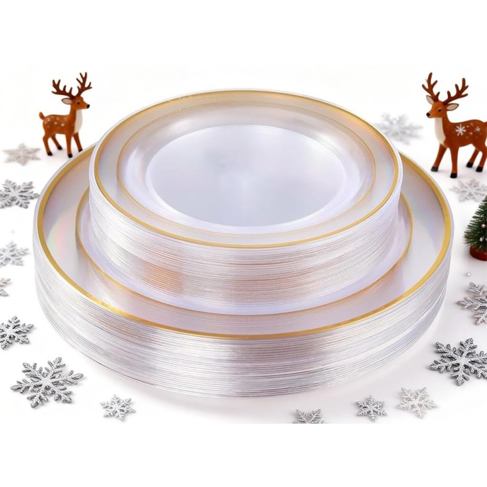 I00000 60 Pcs Clear Gold Plastic Plates, Gold Disposable Plates Includes: 30 Dinner Plate 10.25 and 30 Dessert Plate 7.5 , Premium Clear Plate Prefect for Wedding and Gold Plates Party/Birthday