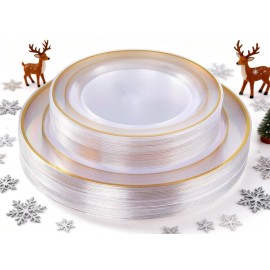 I00000 60 Pcs Clear Gold Plastic Plates, Gold Disposable Plates Includes: 30 Dinner Plate 10.25 and 30 Dessert Plate 7.5 , Premium Clear Plate Prefect for Wedding and Gold Plates Party/Birthday