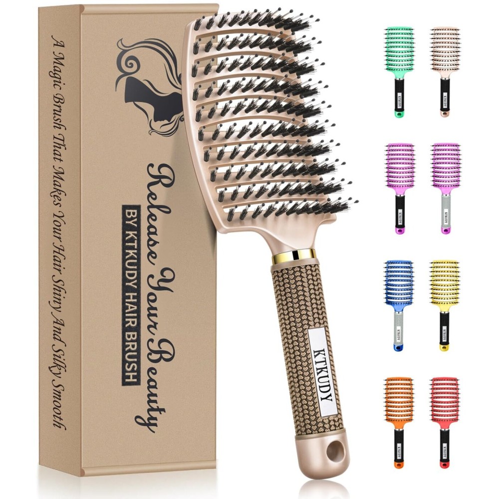 KTKUDY Detangling Brush Getting Knots Out without Pain - Boar Bristles Hairbrush Make Hair Shiny & Healthier Vented Detangler Brush for Women Men Kids Wet and Dry Hair (Gold)