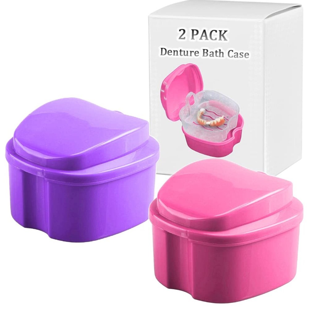 Denture Bath Box Cup, Complete Clean Care for Dentures, Clear Braces, Mouth Guard, Night Guard & Retainers,Traveling (Pink & Purple)