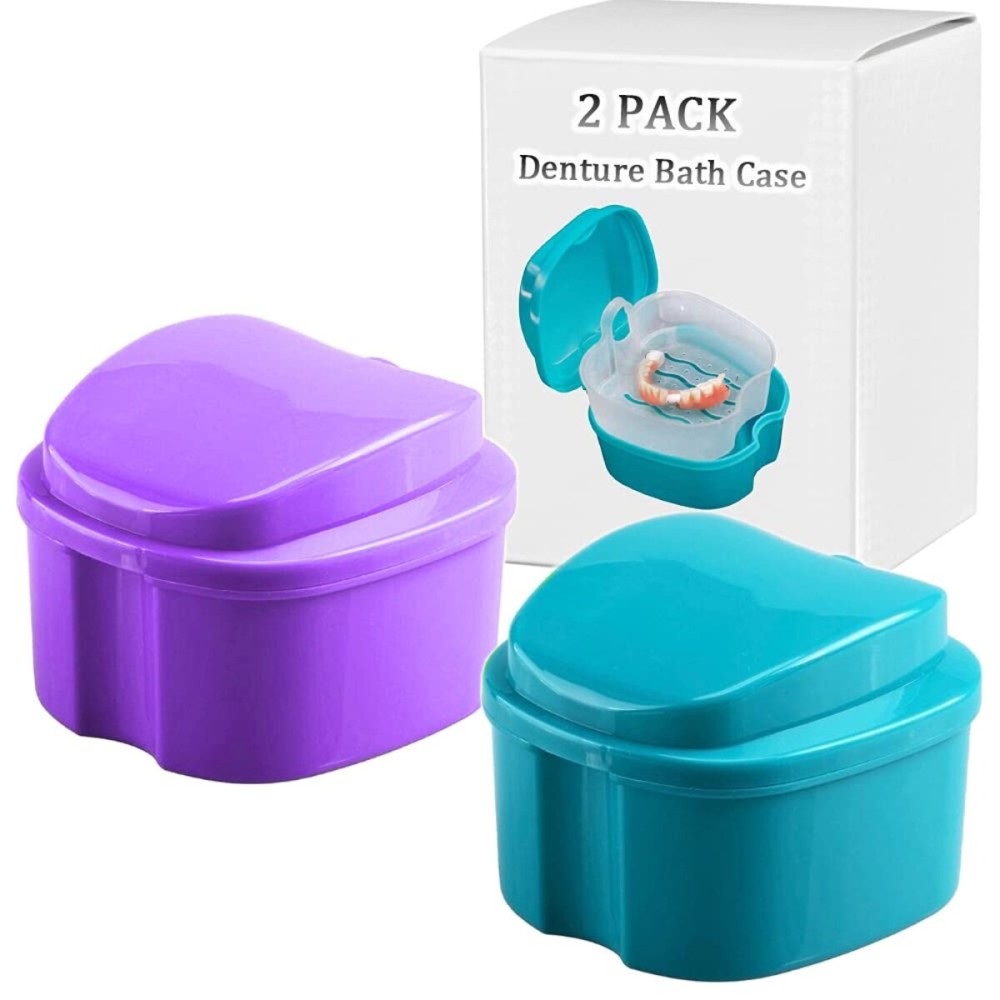 Denture Bath Box Cup, Complete Clean Care for Dentures, Clear Braces, Mouth Guard, Night Guard & Retainers,Traveling (Blue & Purple)