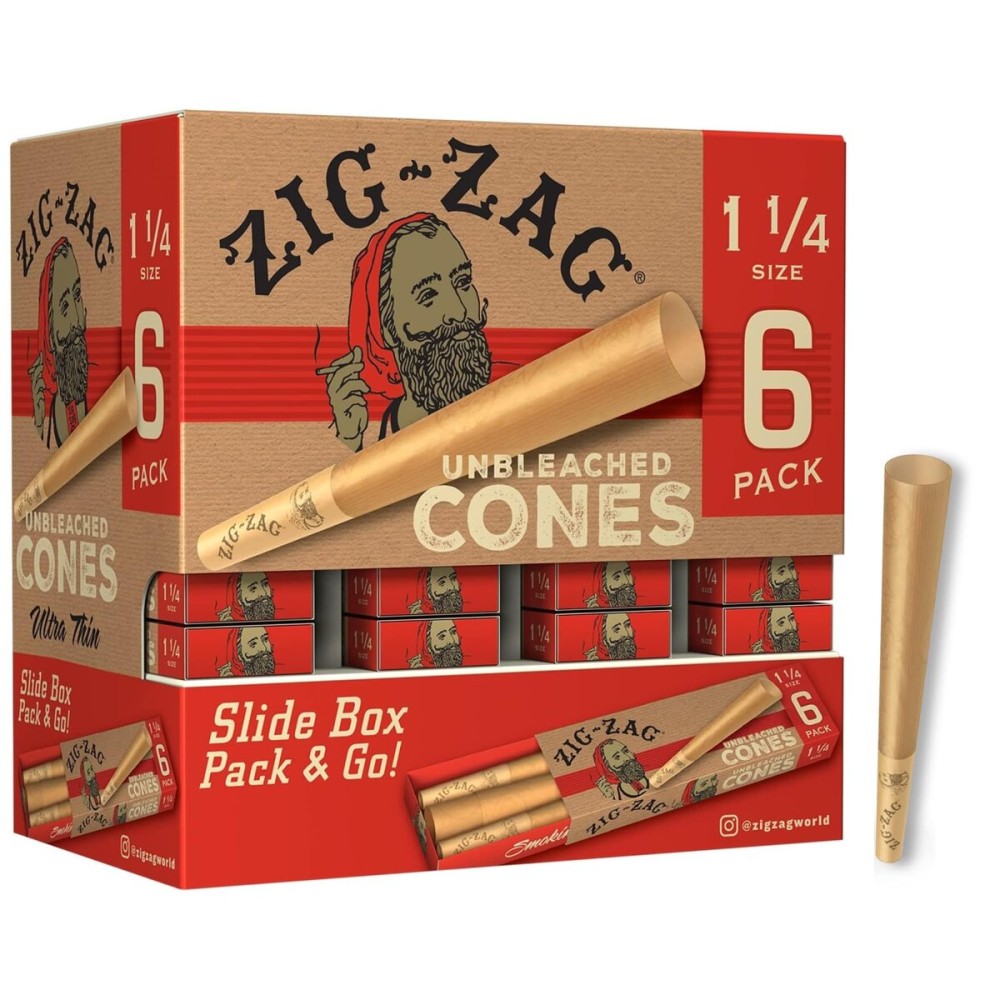 ZIG-ZAG Pre Rolled Cones 1 1/4 Size (36 Pack) Unbleached - Slow Burning Pre Rolled Cones with Tips & Packing Tubes Included - (216 Cones)