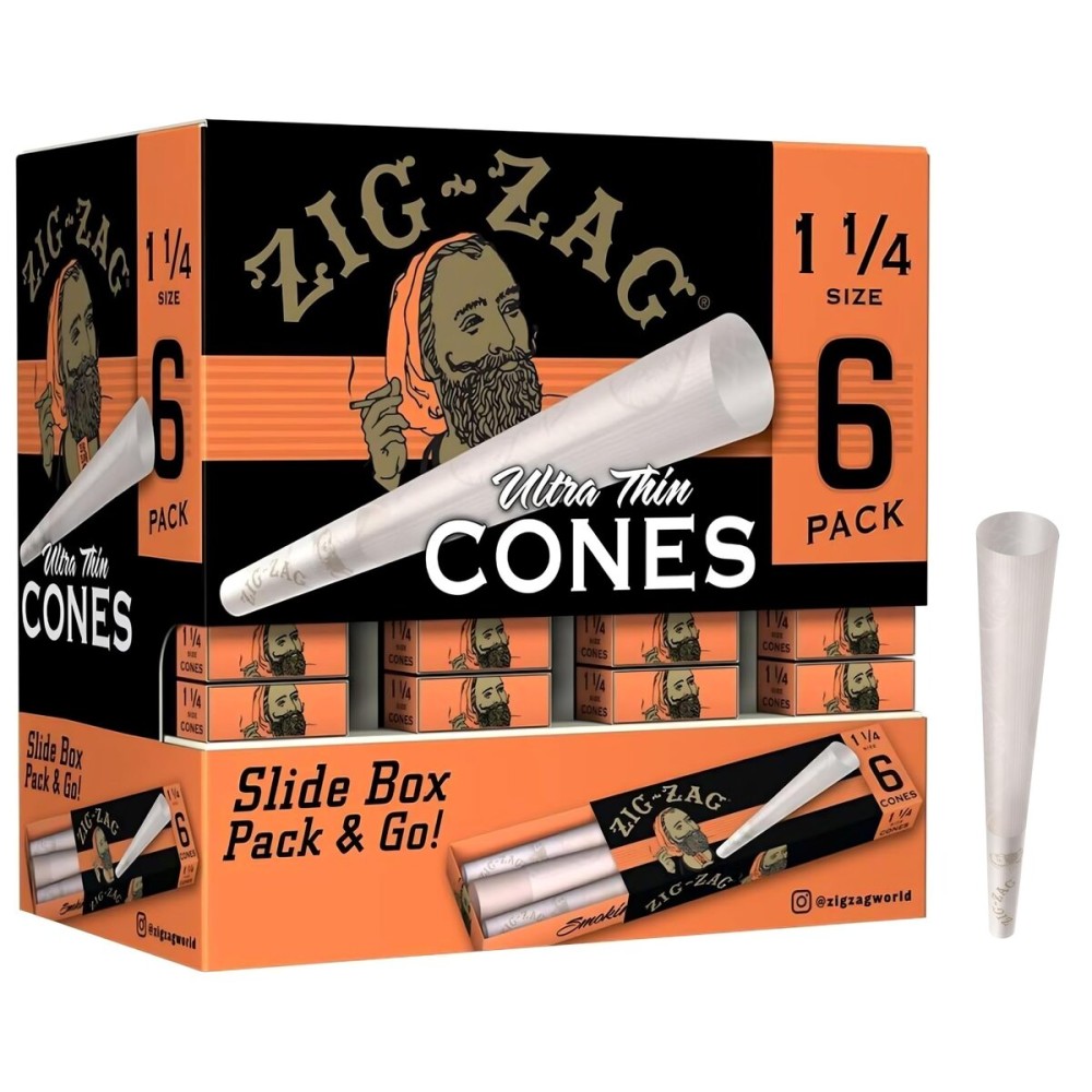 ZIG-ZAG Pre Rolled Cones 1 1/4 Size Ultra Thin 6-Count Packs - Pre Rolled Cones with Tips & Packing Tubes Included (36-Pack (216 Cones))