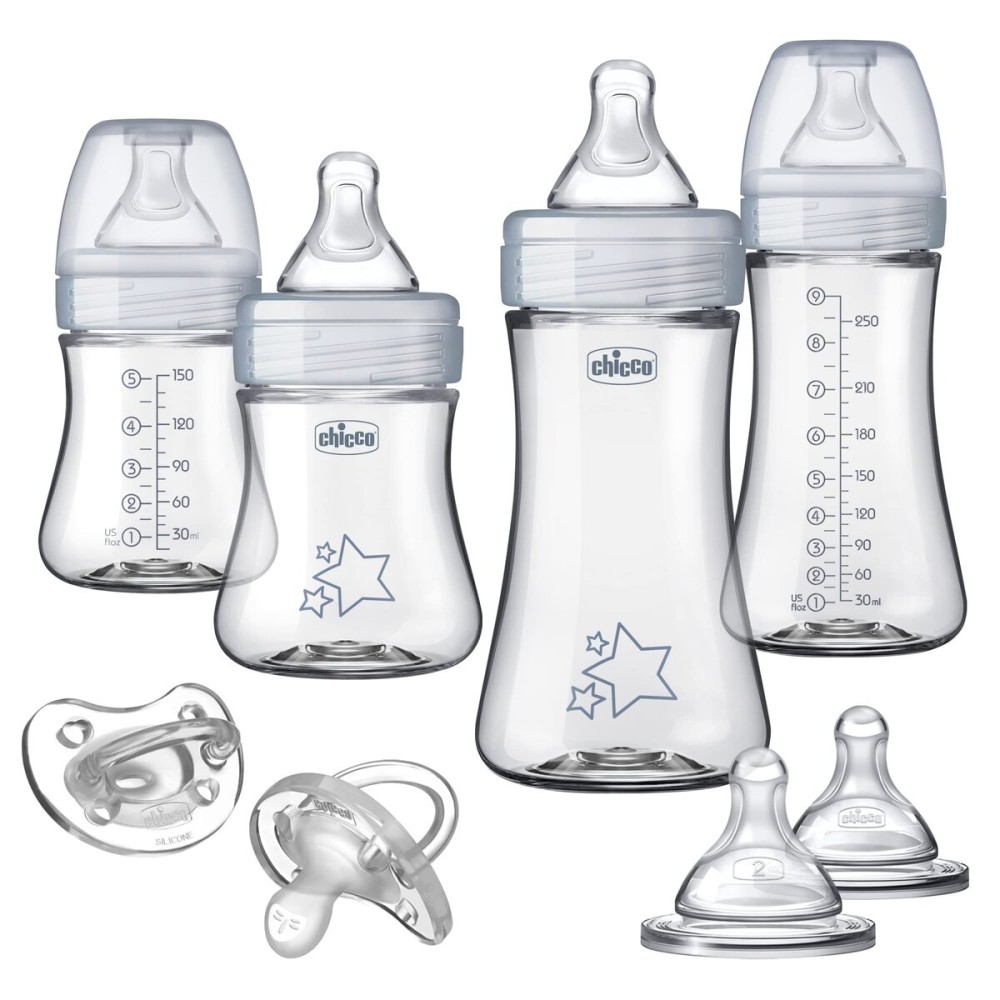 Chicco Duo Newborn Hybrid Baby Bottle Starter Gift Set with Invinci-Glass Inside and Plastic Outside | Dishwasher, Bottle Warmer, and Electric Sterilizer Safe | Intui-Latch Nipple | Clear/Grey