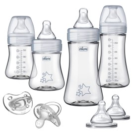 Chicco Duo Newborn Hybrid Baby Bottle Starter Gift Set with Invinci-Glass Inside and Plastic Outside | Dishwasher, Bottle Warmer, and Electric Sterilizer Safe | Intui-Latch Nipple | Clear/Grey