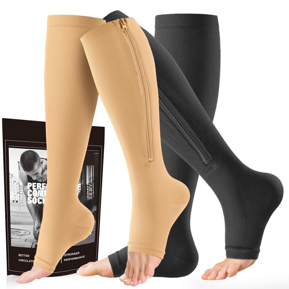 cerpite Zipper Compression Socks - 2 Pairs Open Toe Compression Stockings for Men Women 15-20mmHg,Suit for Running, Sport