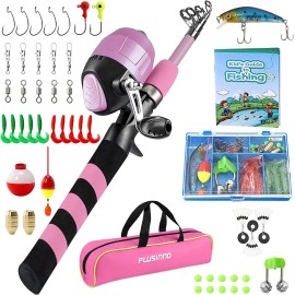 PLUSINNO Kids Fishing Pole, Portable Telescopic Fishing Rod and Reel Combo Kit - with Spincast Fishing Reel Tackle Box for Boys, Girls, Youth (Pink, 1.2M 3.94Ft)