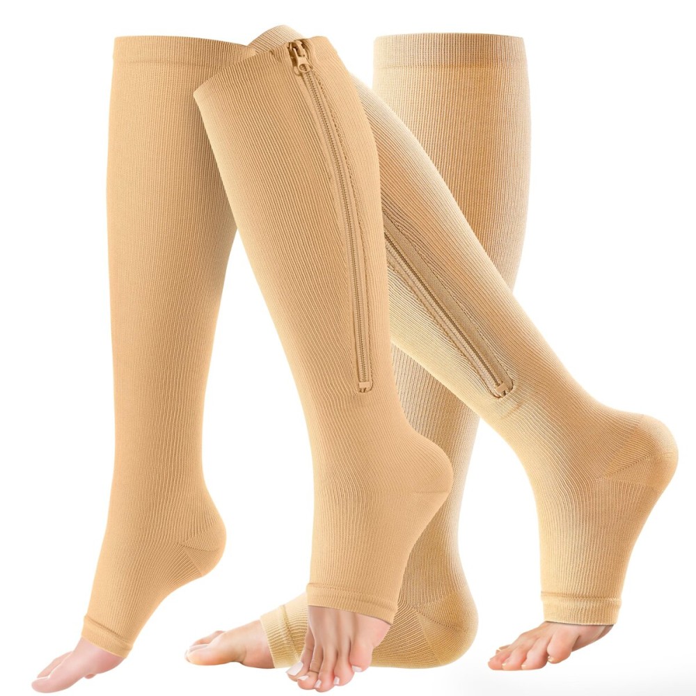 cerpite Zipper Compression Socks - 2 Pairs Open Toe Compression Stockings for Men Women 15-20mmHg,Suit for Running, Sport