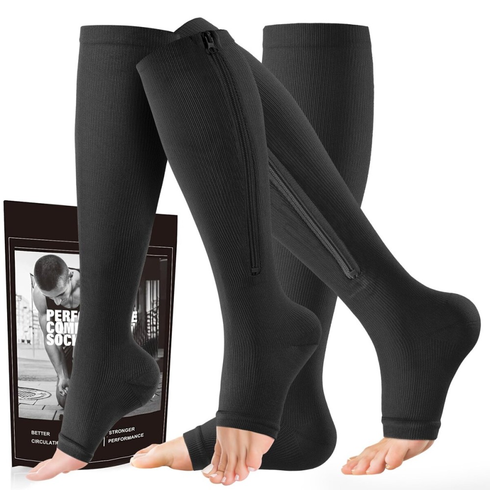 cerpite Zipper Compression Socks - 2 Pairs Open Toe Compression Stockings for Men Women 15-20mmHg,Suit for Running, Sport