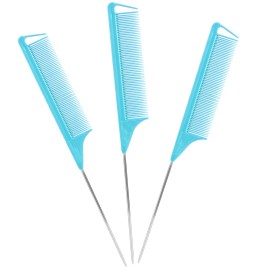 Long Steel Pin Rat Tail Combs Set: 3 Pieces Teasing Hair Combs for Salon Stylists - Includes Metal Parting Combs for Women (Blue)