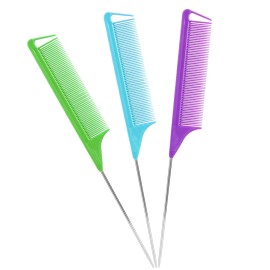 Rat Tail Teasing Combs Set: 3 Long Steel Pin Combs for Parting Hair - Salon Styling Combs for Women (Purple, Green, Blue)