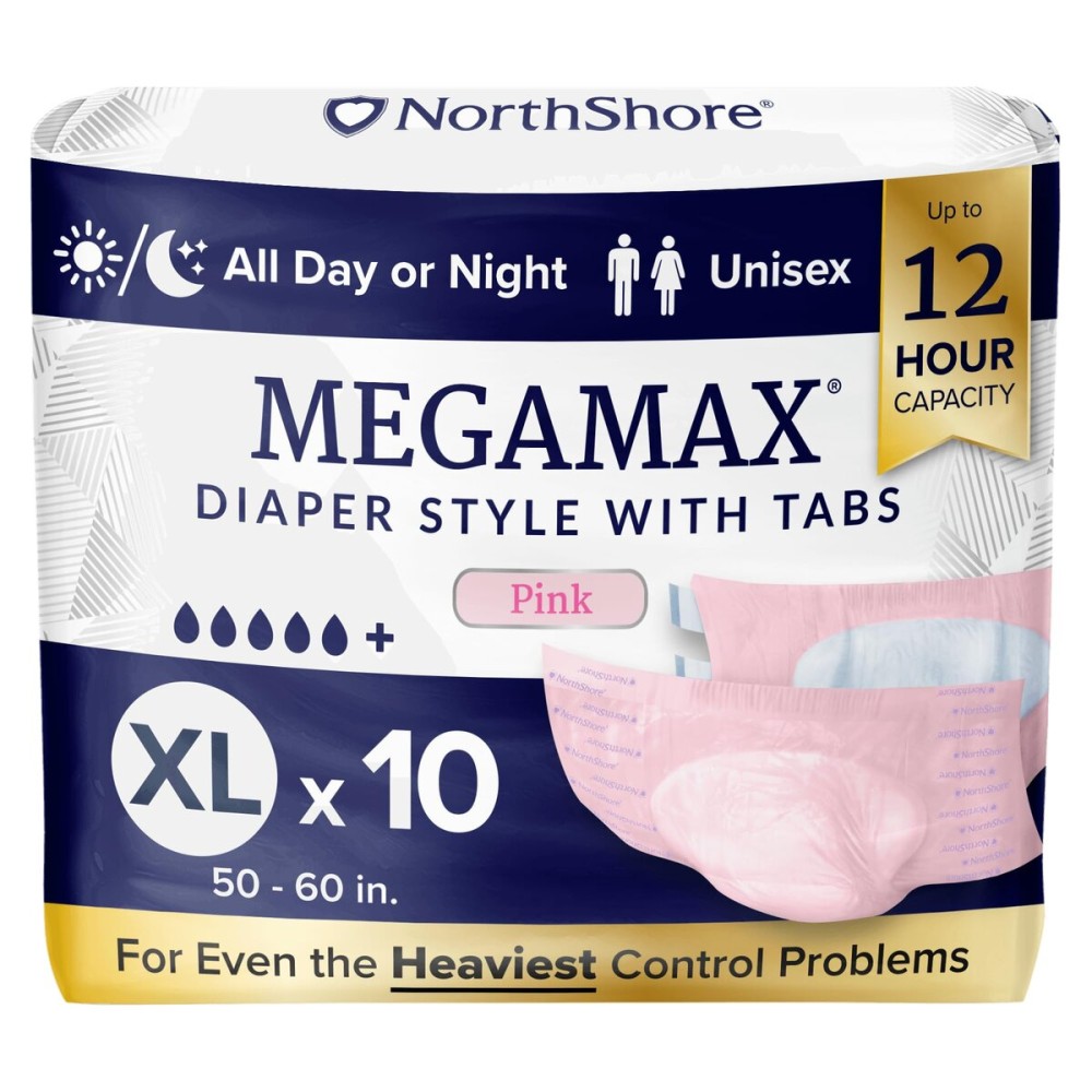 NorthShore MegaMax Adult Overnight Diapers, 12-Hour Tab-Style, X-Large, 10 Count Bag, Pink, 50-60 inches, Unisex Incontinence Underwear