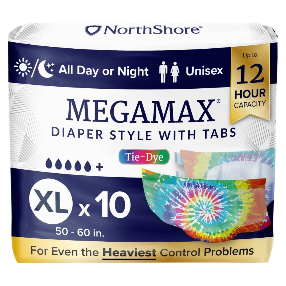 NorthShore MegaMax Adult Overnight Diapers, 12-Hour Tab-Style, X-Large, 10 Count Bag, Tie-Dye, 50-60 inches, Unisex Incontinence Underwear
