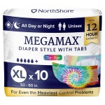 NorthShore MegaMax Adult Overnight Diapers, 12-Hour Tab-Style, X-Large, 10 Count Bag, Tie-Dye, 50-60 inches, Unisex Incontinence Underwear