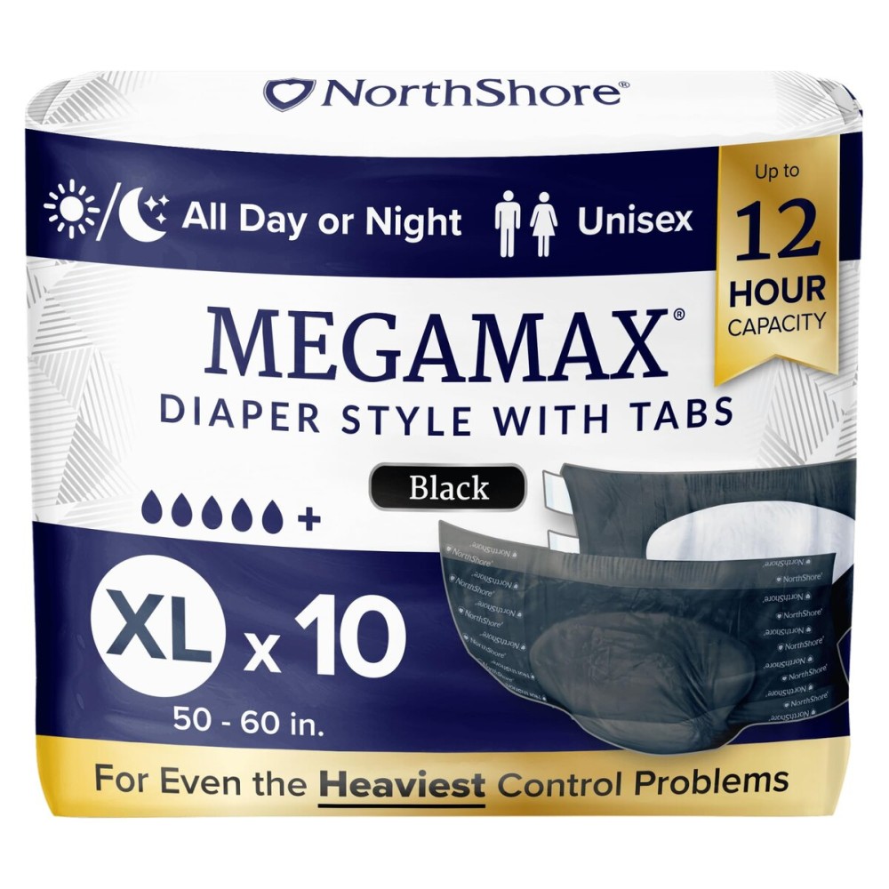NorthShore MegaMax Adult Overnight Diapers, 12-Hour Tab-Style, X-Large, 10 Count Bag, Black, 50-60 inches, Unisex Incontinence Underwear