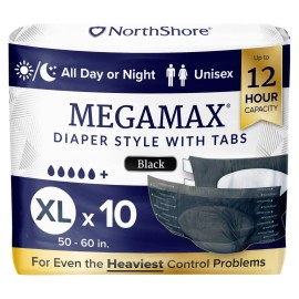 NorthShore MegaMax Adult Overnight Diapers, 12-Hour Tab-Style, X-Large, 10 Count Bag, Black, 50-60 inches, Unisex Incontinence Underwear