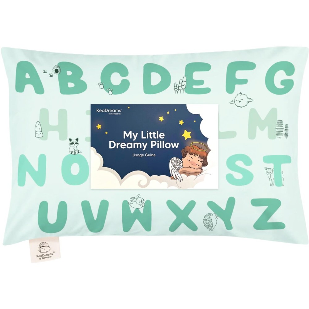 Toddler Pillow with Pillowcase - 13x18 My Little Dreamy Kids Travel Bed Pillows for Sleeping, Organic Cotton Small Pillowcase, Soft & Breathable, Machine Washable, Toddlers 2-5 years old (KeaABC Mint)