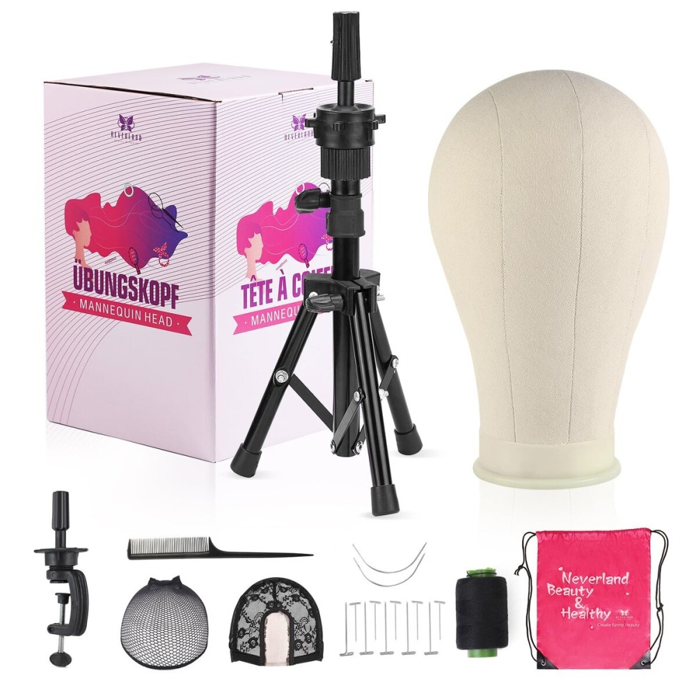 23 Inch Wig Head,Wig Stand Tripod with Head,Canvas Wig Head Stand with Mannequin Head for Wigs,Manikin Head Block Set for Wigs Making Display with Wig caps,T Pins Set,Bristle Brush