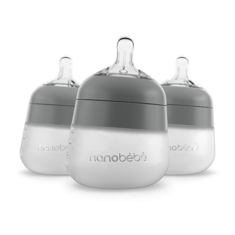 Nanobebe Flexy Silicone Baby Bottle, Anti-Colic, Natural Feel, Non-Collapsing Nipple, Non-Tip Stable Base, Easy to Clean 3-Pack, Gray, 5 oz