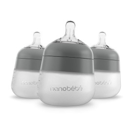 Nanobebe Flexy Silicone Baby Bottle, Anti-Colic, Natural Feel, Non-Collapsing Nipple, Non-Tip Stable Base, Easy to Clean 3-Pack, Gray, 5 oz