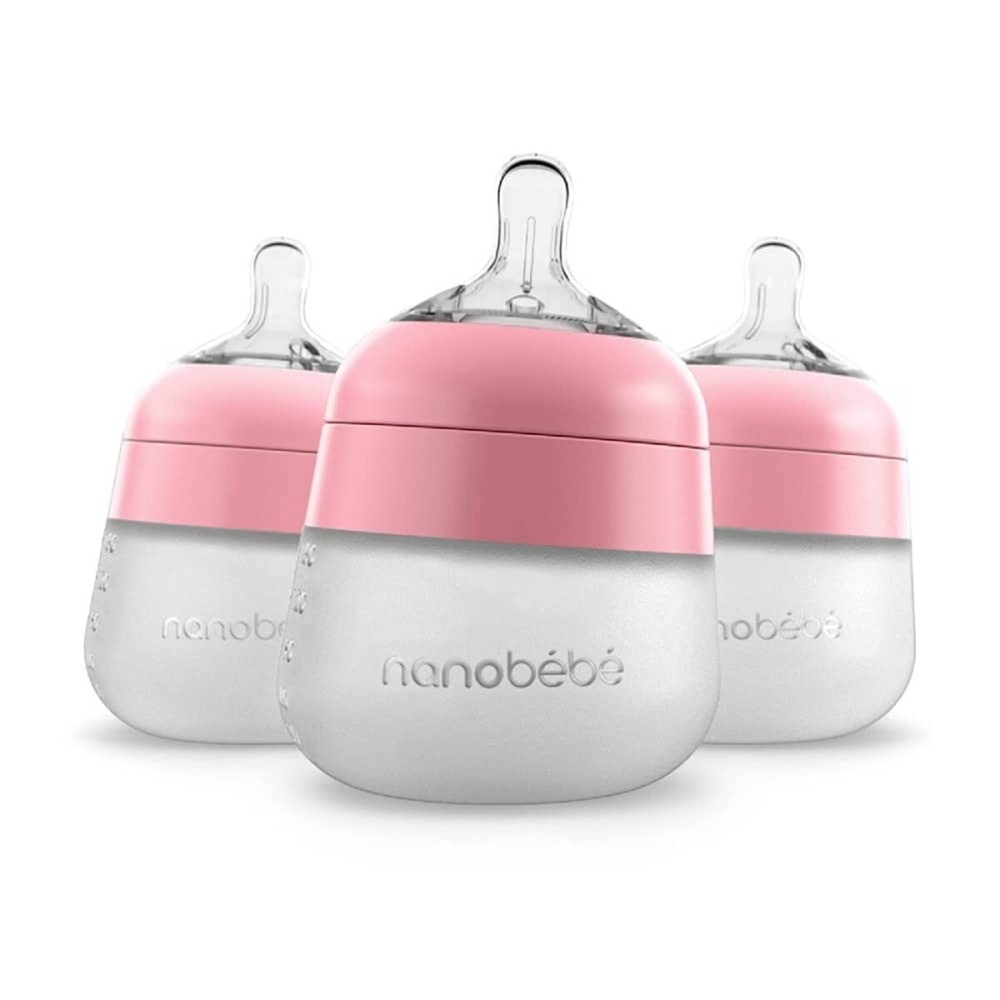 Nanobebe Flexy Silicone Baby Bottle, Anti-Colic, Natural Feel, Non-Collapsing Nipple, Non-Tip Stable Base, Easy to Clean 3-Pack, Pink, 5 oz