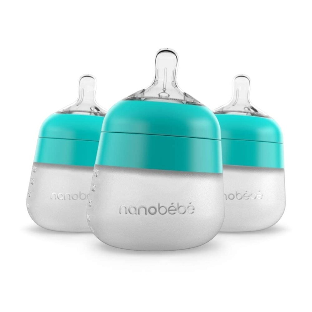 Nanobebe Flexy Silicone Baby Bottle, Anti-Colic, Natural Feel, Non-Collapsing Nipple, Non-Tip Stable Base, Easy to Clean 3-Pack, Teal, 5 oz