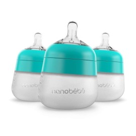 Nanobebe Flexy Silicone Baby Bottle, Anti-Colic, Natural Feel, Non-Collapsing Nipple, Non-Tip Stable Base, Easy to Clean 3-Pack, Teal, 5 oz